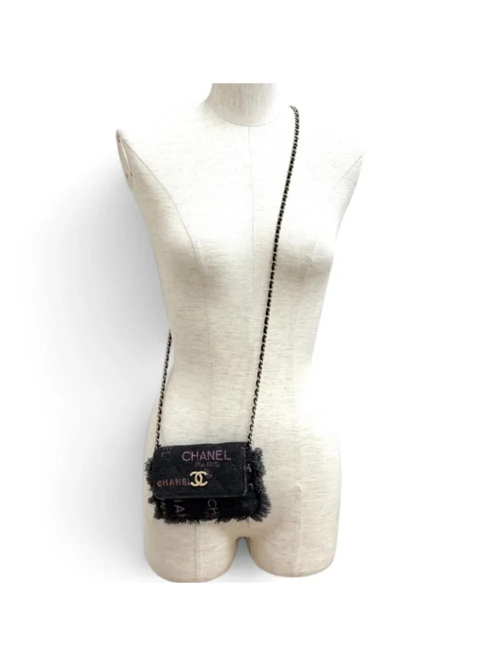 Chanel CC Logo Mini Quilted Denim Leather Chain Fringe Shoulder Bag Black